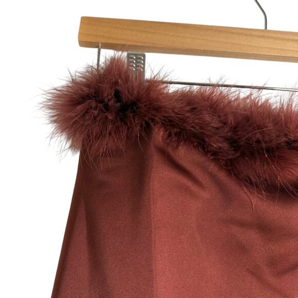 WeWoreWhat Maroon Brown Strapless Ostrich Feather Trim Satin Mini Dress Size 0 - Picture 4 of 10
